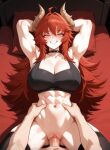 1boy 1girls ai_generated arms_behind_head big_breasts black_choker black_crop_top black_stockings blush breasts choker cleavage crop_top dragon_girl dragon_horns hands_on_waist in_bed indie_virtual_youtuber indie_vtuber long_hair missionary_position muscle_mommy muscular_female naked_male nude nude nude_male orange_eyes partially_clothed penis_in_pussy pov red_hair sex smile stockings vaginal_penetration virtual_youtuber vtuber zentreya