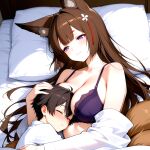 1boy 1girls ai_generated amagi_(azur_lane) azur_lane bedroom big_breasts blouse blush bra breasts brown_hair cleavage clothed fox_ears fox_girl fox_tails hair_accessory hair_ornament hugging in_bed long_hair male_sleeping mother_&amp;_son purple_bra purple_eyes ship_girl smile under_blanket white_blouse wholesome