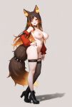 1girls ai_generated big_breasts black_boots black_choker black_stocking blush boots breasts brown_hair choker detached_sleeves female_only fishnet_stocking hand_on_hip hand_on_own_hip hellhound high_heeled_boots mismatched_legwear multicolored_hair multicolored_tail naked_female nipples nude nude nude_female orange_eyes orange_hair sinder_(vtuber) smile solo_female spiked_choker stockings virtual_youtuber vtuber wolf_ears wolf_girl wolf_tail