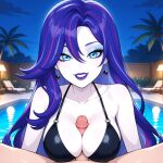 1boy 1girls ai_generated big_breasts bikini blue_eyes breasts cleavage earrings eyeshadow ghost ghost_girl human_male human_on_ghost in_pool in_water lipstick long_hair male_human/female_ghost monster_high naked_male night nude nude nude_male outdoor_pool outside paizuri pale-skinned_female pale_skin penis_between_breasts pool pov purple_hair smile spectra_vondergeist white_skin