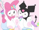 2d_(artwork) 2girls anthro areola arm_gloves big_breasts birthday bow breast_press breast_squish breasts breasts_together cassettedream closed_eyes confetti digital_media_(artwork) dream-cassette elbow_gloves female female_only gloves hat headwear hoshime huge_breasts jester_cap jiggle jiggling_breasts kuromi looking_at_viewer mob_face my_melody nipples one_eye_closed onegai_my_melody ribbon shortstack solo_female stockings tail wink winking_at_viewer