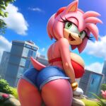 1girl ai_generated amy_rose ass bandeau big_breasts cityscape denim_shorts from_behind furry furry_female green_eyes huge_breasts large_ass looking_back naughty_face pink_fur pink_hair sega sega short_shorts shorts sonic_the_hedgehog_(series) stable_diffusion tubetop