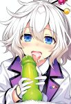  1girl ai_generated blue_eyes blushing_female canine_penis compile_heart cum_in_mouth cum_on_cheek furry_male green_penis hair_ornament handjob idea_factory neptunia_(series) open_mouth raised_eyebrows reedio tongue_out uncensored white_background white_coat white_gloves white_hair wolf 