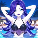 1girls ai_generated arms_behind_head big_breasts bikini blue_eyes breasts cleavage earrings eyeshadow female_only ghost ghost_girl in_pool in_water lipstick long_hair monster_high night outdoor_pool outside pale-skinned_female pale_skin pool purple_hair smile solo_female spectra_vondergeist white_skin