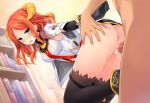 1boy 1girl ai_generated artisan black_gloves blush compile_heart cum_in_pussy cum_inside from_behind grabbing_ass horns idea_factory legwear light_blue_eyes looking_at_viewer neptunia_(series) orange_hair partially_clothed uncensored