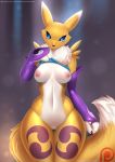 1girl 1girl 2017 ? anthro areola bottomless breasts bridal_gauntlets claws clothed clothing clothing_lift digimon dipstick_tail doomthewolf facial_markings fur furry markings multicolored_tail navel neck_tuft nipples patreon pussy renamon shirt shirt_lift tattoo tuft yellow_fur