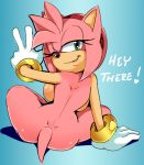 1girl 2017 amy_rose anthro ass backboob big_breasts black_nose bracelet breasts clothing dialogue english_text furry gloves green_eyes hair headband hedgehog jewelry looking_at_viewer looking_back mammal mostly_nude night0wi nude one_eye_closed pink_hair rear_view sega short_hair simple_background sitting smile sonic text v video_games wink