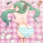 1girl ass big_ass blanket blue_striped_panties breasts female_only looking_at_viewer looking_back miku_hatsune on_floor on_ground panties pocky shimapan sideboob striped_panties topless vocaloid yajou_hirarin