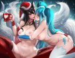 1girl 2_girls ahri animal_ears aqua_hair areola ass ass_grab bare_shoulders belly big_breasts black_hair blue_eyes blue_hair blush breasts brown_eyes christmas christmas_outfit cup facial_mark female_only fox_tail hat hips kissing kitsune kitsunemimi league_of_legends legs long_hair multiple_girls multiple_tails navel nekomimi ninetails_youkai ninetails_youkaisona_buvelle nipples nude pussy sakimichan santa_hat sideboob slit_pupils sona sona_(league_of_legends) sona_buvelle spread_legs stockings stockings tail thighs tied_hair tongue tongue_out topless twin_tails uncensored very_long_hair whisker_markings yuri