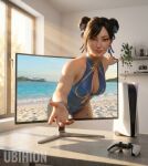  ai_generated beach blue_swimsuit bun_hairstyle capcom chun-li chun-li_(street_fighter_6) double_buns mature_female milf mommy ox_horns street_fighter street_fighter_6 swimsuit waifu 