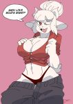 1girl 1girl alternate_species anthro big_breasts bovid breasts caprine clothed clothing fur furrification goat goat_lucifer_(helltaker) helltaker high_res lucifer_(helltaker) mammal panties pants_down partially_clothed shirt toonarscontent topwear underwear white_body white_fur wide_hips