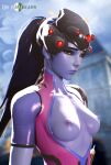 3d black_hair bodysuit erect_nipples helmet looking_at_viewer medium_breasts molaymann open_clothes overwatch pale-skinned_female pale_skin ponytail short_sleeves turtleneck upper_body widowmaker widowmaker_(overwatch) yellow_eyes