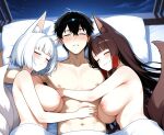 1boy 2_girls ai_generated akagi_(azur_lane) azur_lane big_breasts blanket blush breasts brown_hair closed_eyes fox_ears fox_girl fox_tails hair_accessory hair_ornament hugging in_bed kaga_(azur_lane) long_hair naked_female naked_male night nipples nude nude nude_female nude_male ship_girl sisters sleeping smile under_blanket white_hair