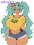  ai_generated bare_thighs brazilian_miku cyan_eyes cyan_hair earrings flower_in_hair gigantic_breasts grin hisylfie huge_breasts huge_thighs long_hair looking_at_viewer massive_breasts miku_hatsune short_shorts solo_female squatting sunglasses sunglasses_on_head sweat sweatdrop t-shirt tan-skinned_female tan_body tan_line tanned_female tanned_skin thick_body thick_female thick_thighs thighs twin_tails vocaloid voluptuous voluptuous_female 