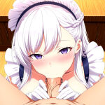 1boy 1girl ai_generated azur_lane belfast_(azur_lane) big_breasts blowjob blush breasts chain cleavage clothed clothed_female clothed_female_nude_male gloves indoors long_hair maid maid_headdress maid_uniform naked_male nude nude_male oral oral_sex penis_in_mouth pov purple_eyes ship_girl vegaforge white_gloves white_hair