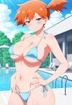  1girl ai_generated big_breasts bikini blush breasts cleavage female_only hands_on_hips hands_on_own_hips light_blue_bikini misty_(pokemon) nintendo orange_hair outdoor_pool outside pokemon pool poolside side_ponytail smile solo_female turquoise_eyes vegaforge 