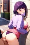 1boy 1girls ai_generated amelia_(pathways) big_breasts blush breasts choker clothed clothed_sex doggy_position dress dress_lift hand_on_hip jacket leaning_against_wall looking_back medium_hair open_jacket outside panties pathways_(game) penis_in_pussy pink_dress purple_choker purple_eyes purple_hair purple_jacket purple_panties sex sideboob smile standing_doggy_style vaginal_penetration