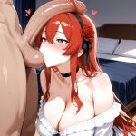 1boy 1girls ai_generated bare_shoulders bed bedroom big_breasts black_choker black_hairband black_ribbon blouse blush breasts choker cleavage clothed clothed_female clothed_female_nude_male dark-skinned_male ember_paradox green_eyes headband heart heart-shaped_pupils heart_eyes indie_virtual_youtuber indie_vtuber large_penis light-skinned_female long_hair naked_male nude nude nude_male penis penis_on_head precum precum_leaking precum_on_penis red_hair red_rose ribbon rose saliva_on_tentacle saliva_string sucking_testicles virtual_youtuber vtuber white_blouse