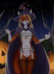 1girl anthro breasts cameltoe canine clothed clothing food fox fruit furry garter garter_belt garter_straps green_eyes halloween hat holidays jack-o'-lantern jack_o_lantern legwear looking_at_viewer mammal night panties pumpkin sky smile standing star stesha_di stockings underboob underwear whip witch_hat