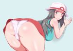 against_wall ass bent_over big_ass big_breasts blue_(pokemon) blush breasts embarrassed hat leaf_(pokemon) looking_at_viewer looking_back medium_breasts panties pokemon pokemon_(game) pokemon_frlg skirt wavy_mouth white_panties