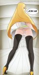 aether_foundation erodraw from_below looking_at_viewer looking_back lusamine milf panties patreon pokemon pokemon_(game) pokemon_sm speech_bubble