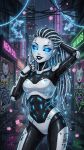  1girl ai_generated android black_lips glowing_eyes heart-shaped_pupils heart_eyes mechanical neon_lights posing rain robot robot_girl smile smiling_at_viewer solo_female wire_hair 