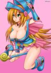 1girl big_breasts blonde_hair cleavage dark_magician_girl green_eyes hat kinnan kinnan_(artist) long_hair staff yu-gi-oh!