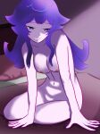 breasts korvella nude purple_eyes purple_hair sitting smug smug_face