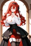 1girls ai_generated bare_shoulders big_breasts black_choker black_headband black_ribbon black_stockings blouse blush breasts choker clothed clothed_female ember_paradox female_only finger_to_mouth green_eyes half-closed_eyes headband high-low_skirt indie_virtual_youtuber indie_vtuber indoors long_hair multicolored_skirt one_breast_out one_nipple_out red_hair red_rose ribbon rose skirt smile solo_female stockings teasing virtual_youtuber vtuber white_blouse