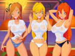 blonde_hair bloom bloom_(winx_club) breasts clothed female_only flora flora_(winx_club) no_bra panties red_hair see-through see-through_clothes see-through_top stella stella_(winx_club) wet_clothes wet_shirt wet_t-shirt winx_club zfive