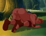 1boy 2022 anus ass_up backsack blue_eyes embarrassed enm hercules hercules_(1997_film) hercules_(character) hercules_(disney) hunk male nude nude_male outside presenting_anus presenting_hindquarters solo_male strawberry_blonde_hair yaoi