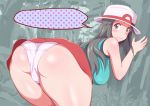 against_tree bent_over big_ass big_breasts blue_(pokemon) blush breasts embarrassed forest hat leaf_(pokemon) looking_at_viewer looking_back medium_breasts panties pokemon pokemon_(game) pokemon_frlg skirt speech_bubble tree wavy_mouth white_panties