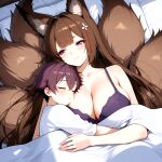 1boy 1girls ai_generated amagi_(azur_lane) azur_lane bedroom big_breasts blush bra breasts brown_hair cleavage clothed_male fox_ears fox_girl fox_tails hair_accessory hair_ornament hugging in_bed long_hair male_sleeping mother_&amp;_son purple_bra purple_eyes ship_girl smile under_blanket wholesome
