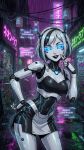  1girl ai_generated android black_lips glowing_eyes headpiece mechanical neon_lights posing rain robot robot_girl robot_humanoid skirt smile smiling_at_viewer solo_female wires 