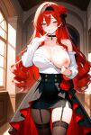 1girls ai_generated bare_shoulders big_breasts black_choker black_headband black_ribbon black_stockings blouse blush breasts choker clothed clothed_female ember_paradox female_only finger_to_mouth green_eyes half-closed_eyes headband high-low_skirt indie_virtual_youtuber indie_vtuber indoors long_hair multicolored_skirt one_breast_out one_nipple_out red_hair red_rose ribbon rose skirt smile solo_female stockings teasing virtual_youtuber vtuber white_blouse