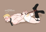 1boy 2020 blonde_hair blush brown_background brown_eyes caucasian earring english_text hogtie human male male_focus marmotap officer_dare on_floor plain_background short_hair sock_garters socks solo_male speech_bubble stripped