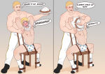 2021 2boys blonde_hair brown_eyes bulge chair chair_bondage clown clown_makeup comic dialogue embarrassing english_text human human_only humiliation humiliation_fetish male male_only male_tickling marmotap officer_dare original original_characters pie scar scar_on_arm shirtless_male tickling tickling_armpits yaoi