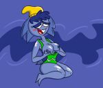 1girl 2018 anthro beanie blue_body blue_hair blue_nipples blue_skin blush breasts_out fish green_clothing green_leotard hands_on_breasts hat horse_folder lenstar_productions leotard marine nipples open_mouth pike's_lagoon pike_(lenstar) pleasuring_self seachuck short_hair tail thick_thighs tooth unknown_artist