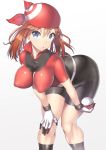 1girl :o absurdres ass bad_anatomy bandanna bent_over bike_shorts blue_eyes breasts brown_hair erect_nipples haruka_(pokemon) highres impossible_clothes leaning_forward looking_at_viewer may medium_breasts nagase_haruhito parted_lips plump poke_ball pokemon pokemon_(game) pokemon_rse puffy_nipples simple_background skin_tight solo standing thick_thighs thighs white_background