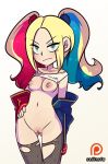  batman_(series) bottomless dc_comics hand_on_hip harley_quinn looking_at_viewer multicolored_hair patreon sadinsfw sadisticirony shirt_lift suicide_squad twin_tails 