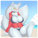  1girl 5_fingers anthro beach big_breasts big_tail bikini blush breasts canine chest_tuft cleavage clothed clothing cloud collar embarrassed eyebrows eyelashes fur furry grey_fur hair hoodie inner_ear_fluff jacket jcdr long_hair looking_at_viewer mammal outside revealing_(disambiguation) scar seaside shy sitting sky sliceofppai_(artist) slit_pupils smile swimsuit thick_thighs tuft velvela voluptuous water wide_hips wolf yellow_eyes 