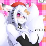  &lt;3 &lt;3_eyes 1girl 1girl abstract_background anthro armwear big_breasts bikini black_armwear black_nose blush bra breasts canine chest_tuft cleavage clothed clothing digital_media_(artwork) dog ear_piercing eyebrows eyelashes fur furry hair hair_over_eye half-length_portrait hat high_res inner_ear_fluff kemono long_hair looking_at_viewer mammal piercing portrait posture_collar signature simple_background swimsuit tuft underwear white_fur white_hair yus-ts 