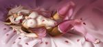 1girl 1girl 2017 aimi anthro areola big_breasts blue_eyes breasts brown_fur brown_hair canine clothing convenient_censorship fur furry green_eyes hair half-closed_eyes heterochromia legwear long_hair looking_at_viewer lying mammal mostly_nude navel nipples on_back petals pink_nipples plant rose_(flower) white_fur