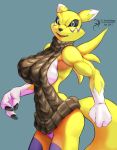 1girl 1girl 2017 anthro arashidrgn big_breasts black_sclera breasts canine clothed clothing digimon fox fur furry looking_at_viewer mammal muscular muscular_female open_mouth renamon simple_background sweater tuft virgin_killer_sweater white_fur yellow_fur