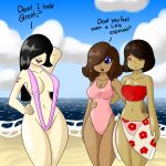 3_girls beach big_breasts bikini black_hair breasts brown_hair exposed exposed_breasts female/female friends hand_on_head hand_on_hip human myself nipples niyarts pussy sex sexy sona_(niyarts) talking young_girl younger_female