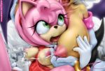  2017 2girls 5_fingers amy_rose anthro anthro_on_anthro big_breasts blush breasts clothing digital_media_(artwork) duo eyebrows eyelashes female female/female female_only furry hair hair_ribbon hedgehog highres huge_breasts humanoid_hands jush lactating large_breasts mammal nipples nose partially_clothed pink_hair pink_nipples pink_skin pink_tail rouge_the_bat sonic_(series) sweat white_gloves white_hair yuri 