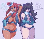  2_girls 2girls arm_behind_head big_breasts breasts drifblim hand_behind_head hex_maniac looking_at_viewer multiple_girls no_bra no_panties no_pants no_shirt no_shorts npc_trainer pokemon pokemon_(game) pokemon_bw pokemon_bw2 poopderp pose skyla swanna sweatdrop 