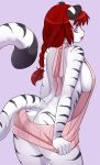 1girl 2017 anthro ass big_breasts black_fur braided_hair breasts clothed clothing feline fur furry hair iwbitu long_hair looking_at_viewer looking_back mammal open_mouth purple_eyes red_hair sideboob skimpy stripes tiger virgin_killer_sweater white_fur white_tiger