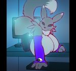 1girl anthro big_breasts big_penis black_nose breasts computer dickgirl digimon erection estina_daemon female_renamon fur furry huge_breasts intersex looking_at_viewer penis raised_tail renamon smile yellow_fur