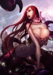 1girl big_breasts breasts cleavage cleavage_cutout dutomaster eye_scar facial_scar katarina league_of_legends long_hair open_mouth red_hair scar sweater turtleneck